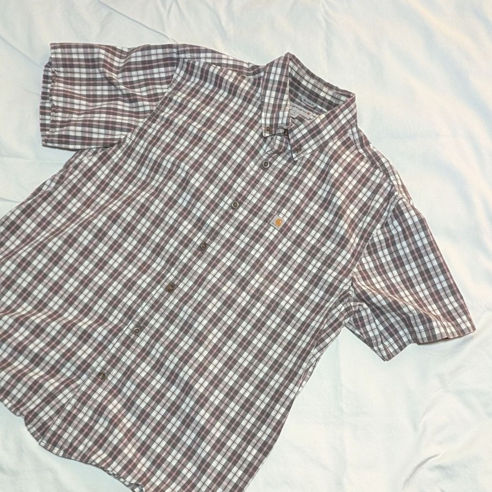 Carhartt Relaxed Fit Men's XL Regular Work Wear Brown Plaid Shirt Short Sleeve